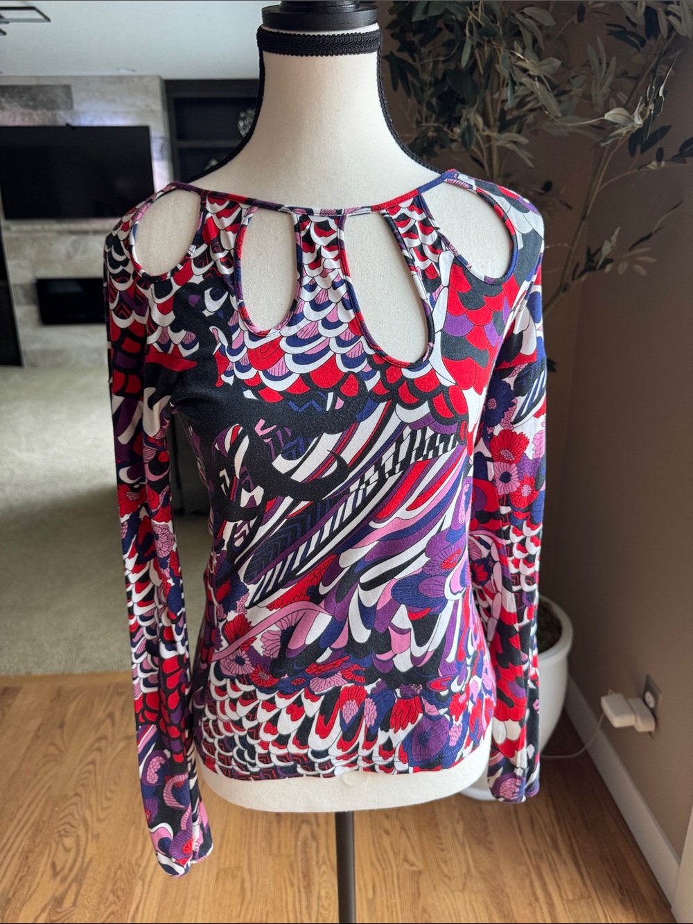 Christian Lacroix Multicolor Long-Sleeve Cutout Neck Top (Red, Purple, Black)